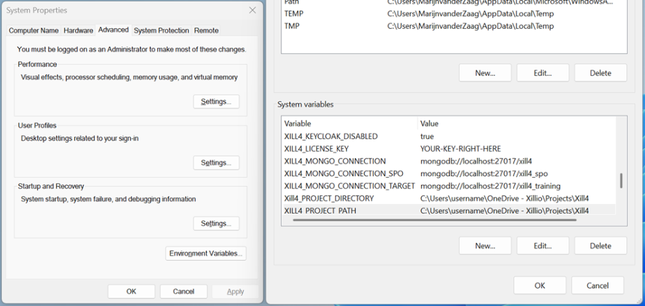 Windows system environment editor view with an example of the Xill4 environment variables