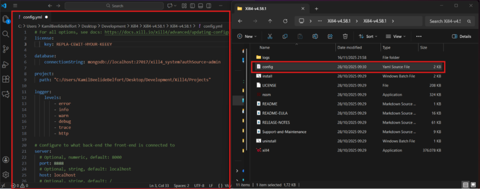 Figure 3: Contents of the 'config.yml' file (on the left) and its location in the Xill4 repository (on the right).